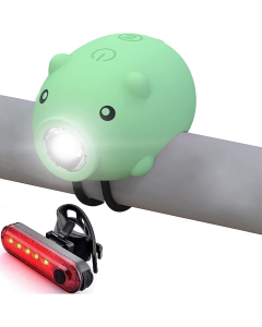 Roztomilá sada cyklistických světel prasátko s klaksonem a zadním světlem, dobíjecí přes USB-C